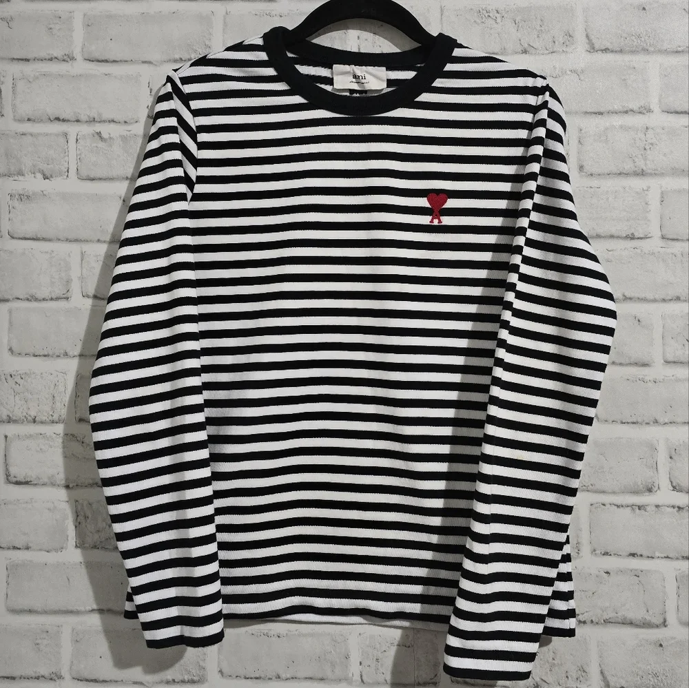 AMI Paris De Coeur Mariniere Long Sleeve Shirt Black/White Stripe size S - Picture 2 of 11